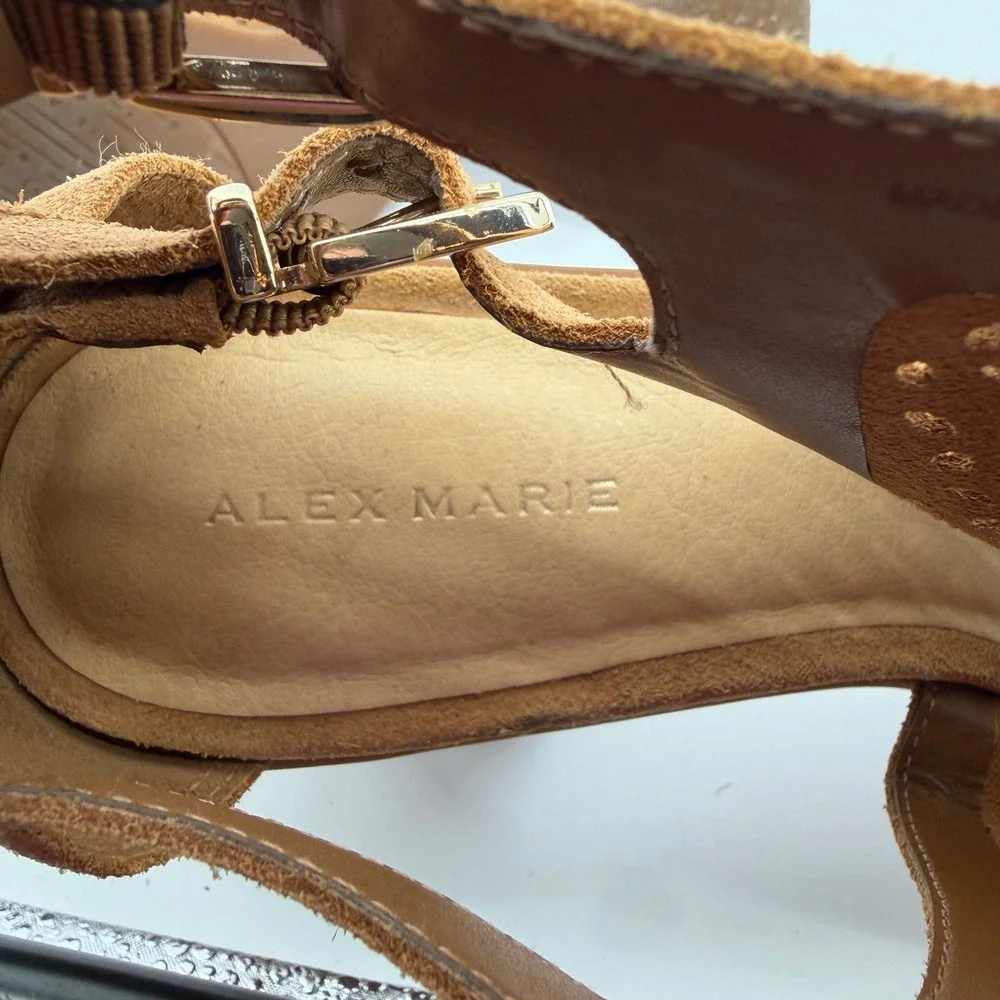 Alex Marie Womens 9.5M Tan Hoplee Perforated Suede Block Heel Sandal Back Zip